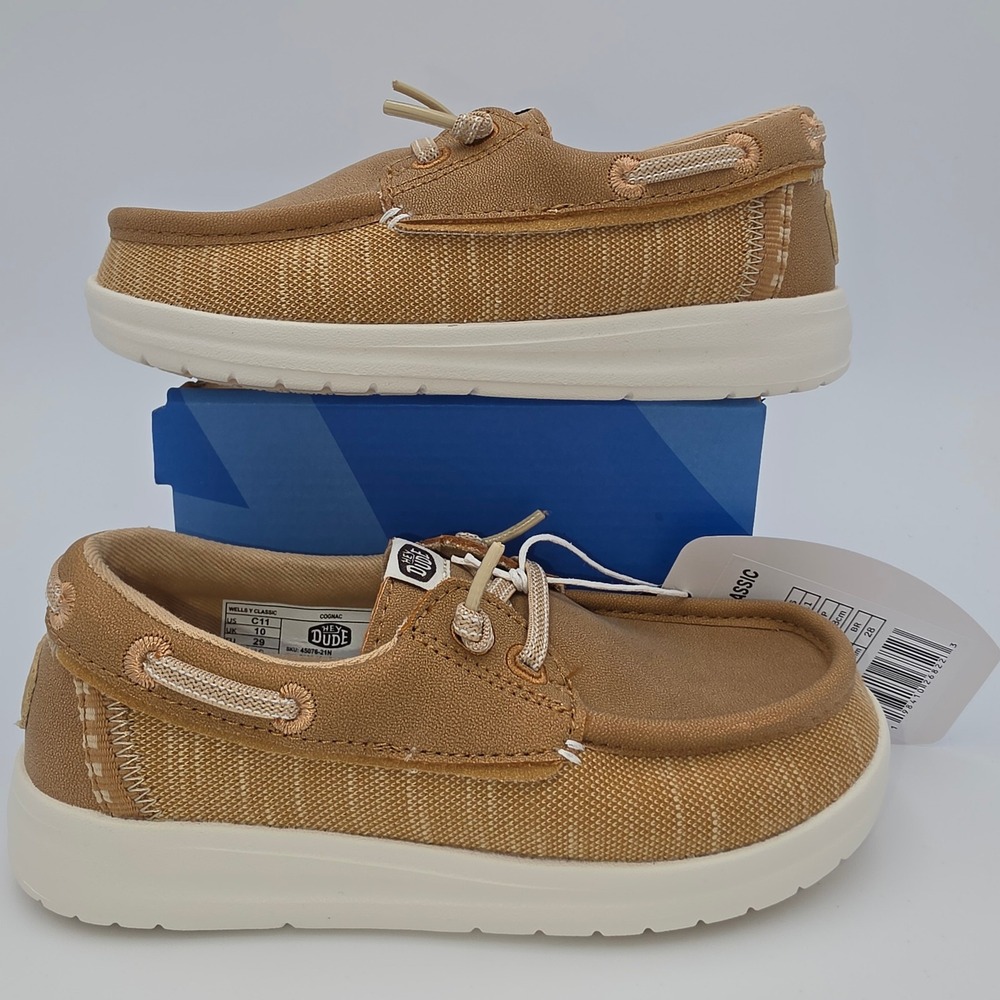 Hey Dude Wells Y Classic Cognac Kids Loafers Shoes 45076-21N C11 NWOB